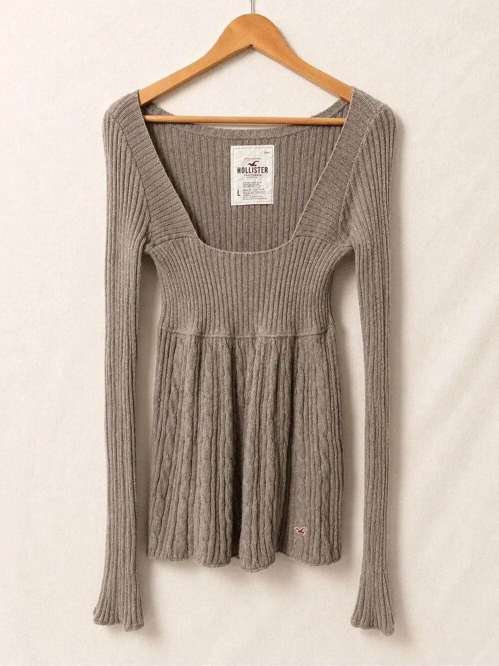VTG Y2K Hollister Cable Knit Babydoll Sweater Taupe Long Sleeve L Bella Swan